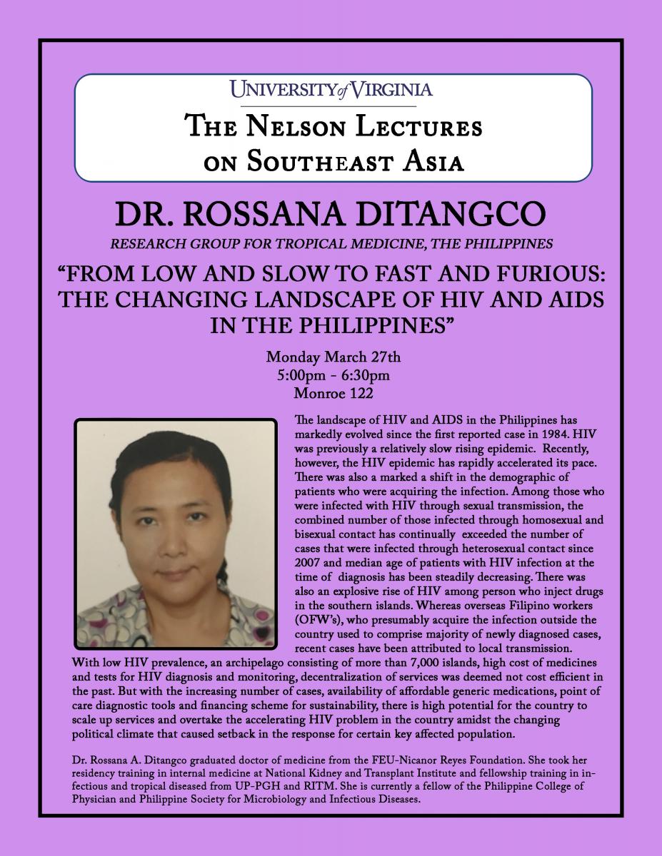 Rossana Ditangco - From Low and Slow to Fast and Furious: The Changing Landscape of HIV and AIDS in the Philippines (5:00pm @ Monroe 122)
