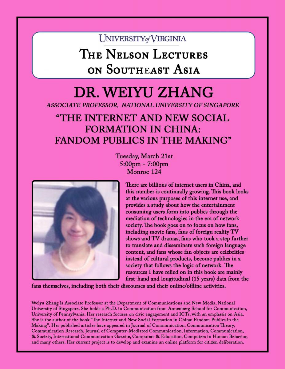Weiyu Zhang - The Internet and New Social Formation in China: Fandom Publics in the Making (5:00pm @ Monroe 124)