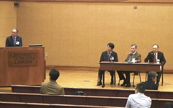 Professor John Owen of Department of Politics, who was a co-organizer of the symposium, introducing Professor Youngju Ryu from University of Michigan who chaired the panel discussion session. Sitting are three panelists, Jae-Jung Suh, Philip Zelikow, and Paik, Nak-chung (from left).