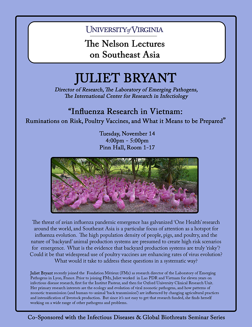 Juliet Bryant - Influenza Research in Vietnam, 4:00pm @ Pinn Hall, Room 1-17