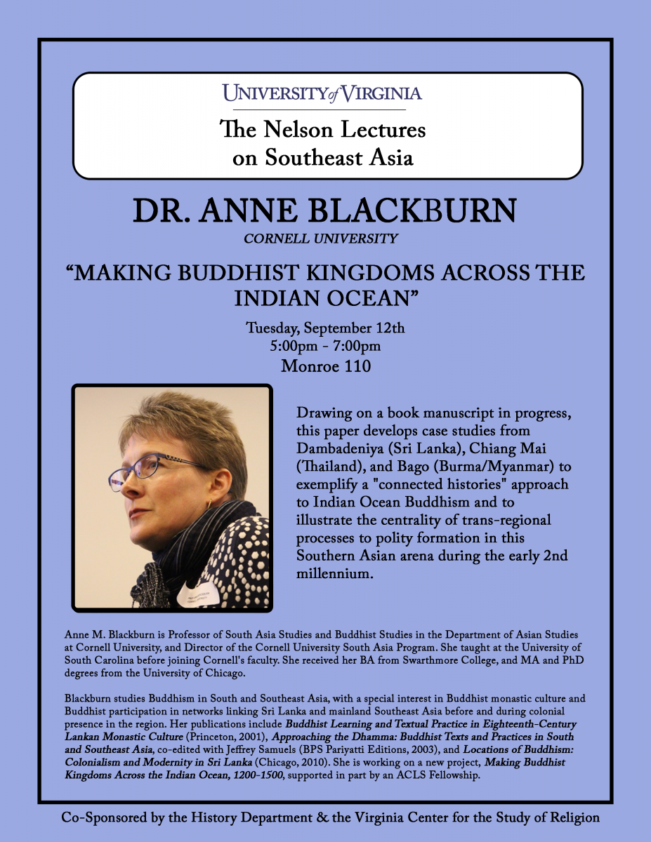 Anne Blackburn - Making Buddhist Kingdoms Across the Indian Ocean (5:00pm @ Monroe 110)